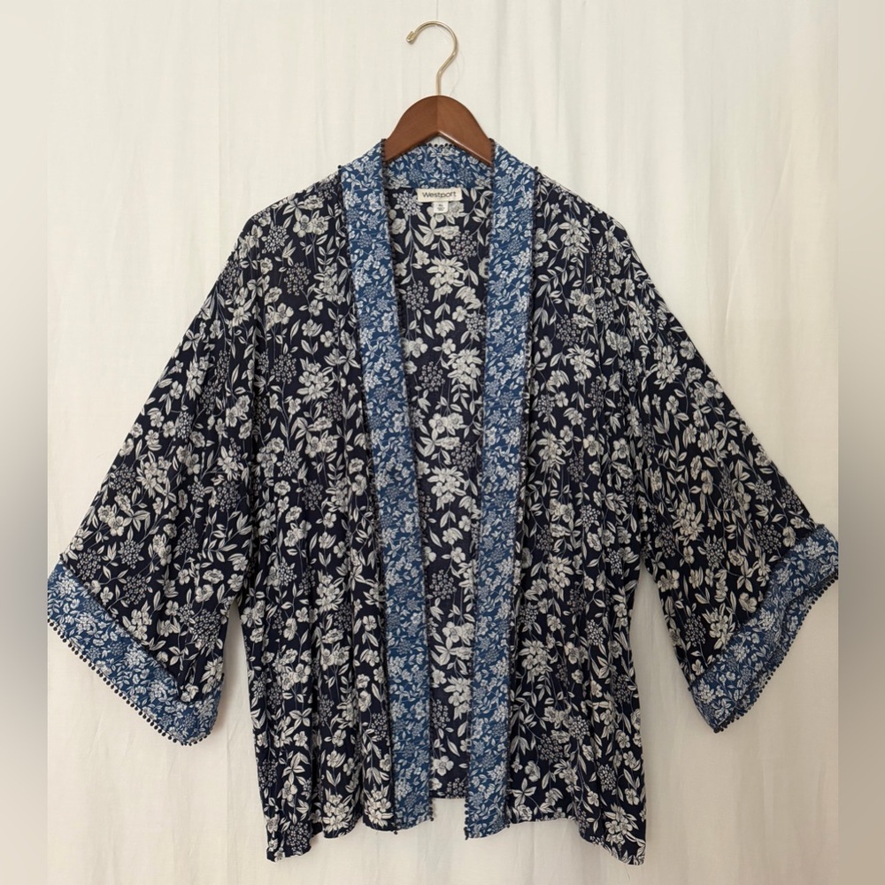 Westport Floral Printed Kimono Open Cardigan w. Wide Sleeves Navy Blue - XL